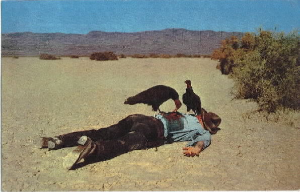 The original postcard titled End of the Trail (1953) by Adrian Atwater depicts the dead cowboy Wallace Irving Robertson. 